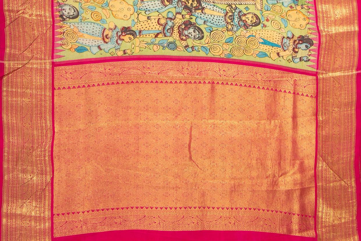 Green And Pink Handpainted Kalamkari Kanchipuram Silk Saree Village Theme Pure Zari PV VSR KK 101 - Kalamkari Silk - Panjavarnam PV VSR KK 101