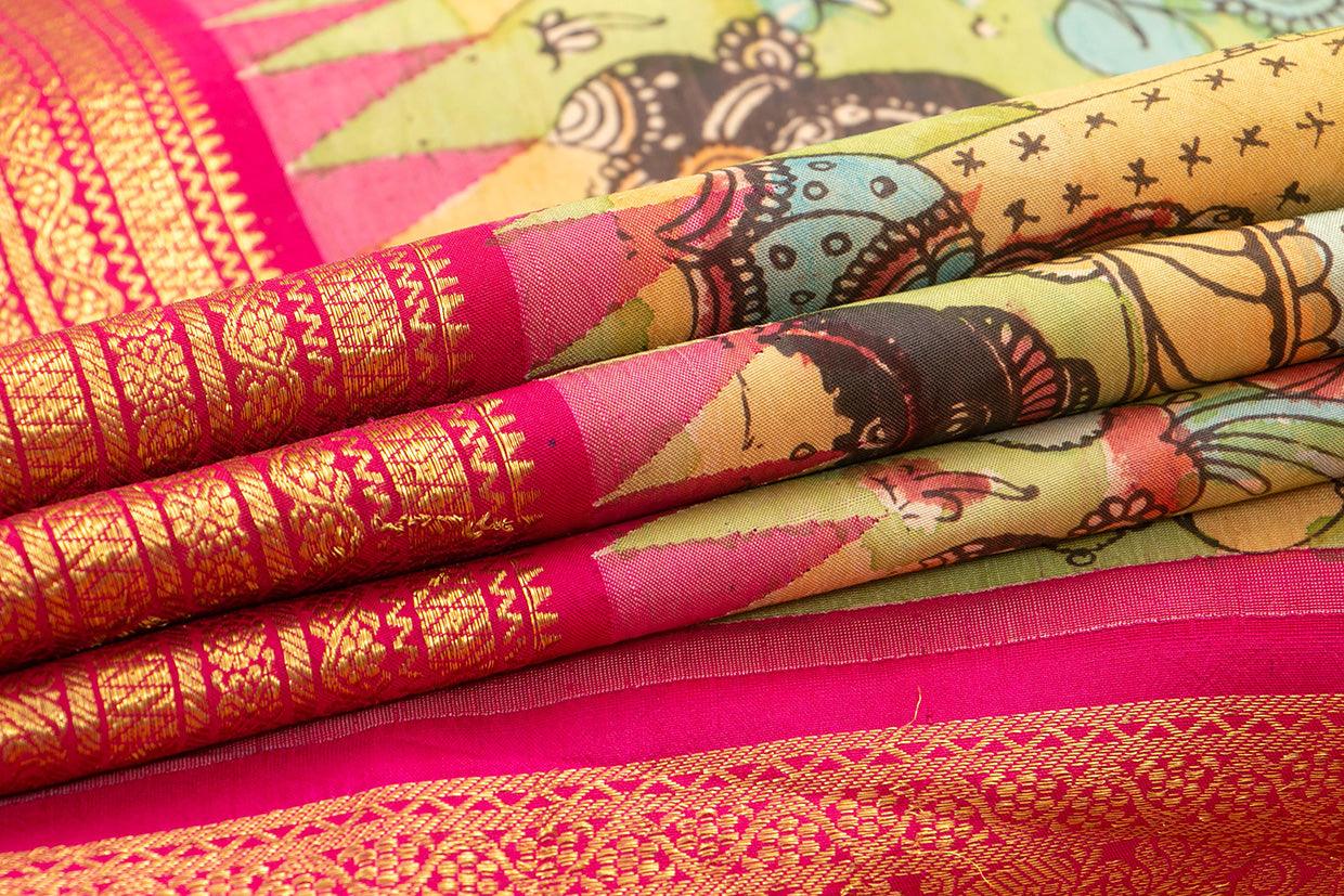 Green And Pink Handpainted Kalamkari Kanchipuram Silk Saree Village Theme Pure Zari PV VSR KK 101 - Kalamkari Silk - Panjavarnam PV VSR KK 101