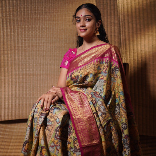 Green And Pink Handpainted Kalamkari Kanchipuram Silk Saree Village Theme Pure Zari PV VSR KK 101 - Kalamkari Silk - Panjavarnam PV VSR KK 101