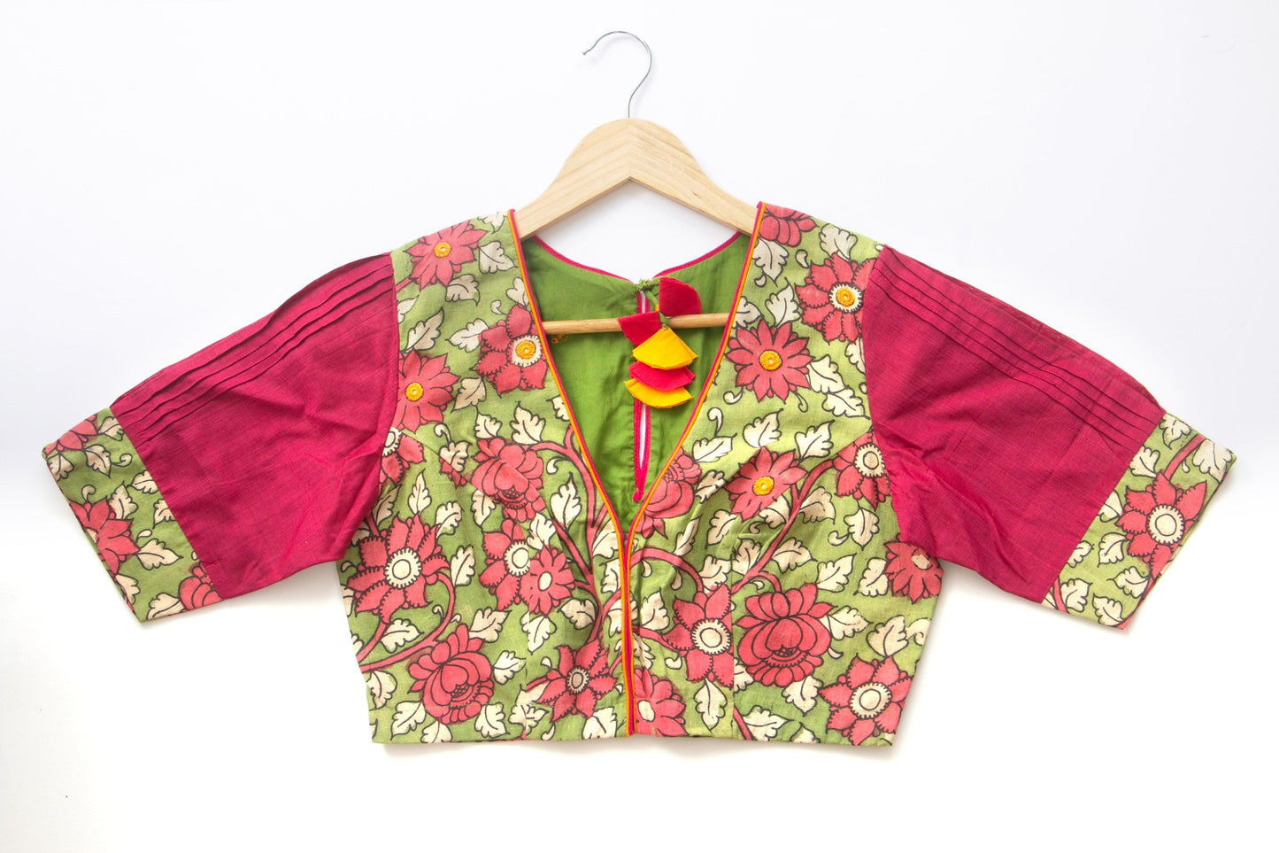 Green And PInk Kalamkari Readymade Blouse PV BL 003 - Blouse - Panjavarnam PV BL 003