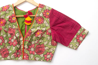 Green And PInk Kalamkari Readymade Blouse PV BL 003 - Blouse - Panjavarnam PV BL 003