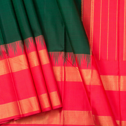 Green And Pink Kanchipuram Silk Saree With Medium Border Handwoven Pure Silk For Festive Wear PV NYC 1163 - Silk Sari - Panjavarnam PV NYC 1163