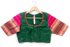 Green And Pink Silkcotton Readymade Blouse PV BL 017 - Blouse - Panjavarnam PV BL 017