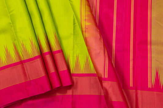 Green And Pink Temple Border Kanchipuram Silk Saree Light Weight For Festive Wear PV KNN 241 - Silk Sari - Panjavarnam