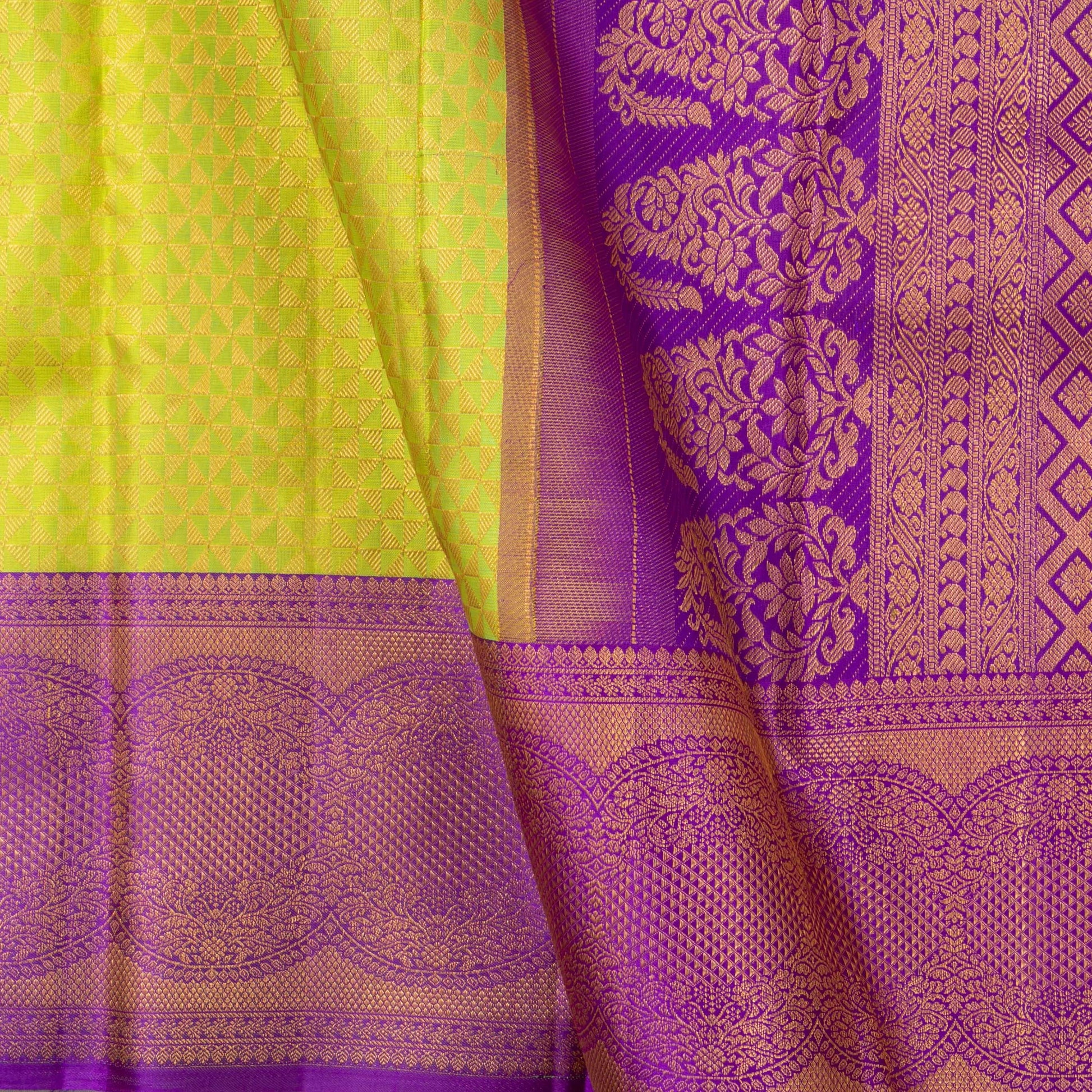 Green And Purple Kanchipuram Silk Saree With Medium Border Handwoven Pure Silk For Wedding Wear PV NYC 1221 - Silk Sari - Panjavarnam PV NYC 1221