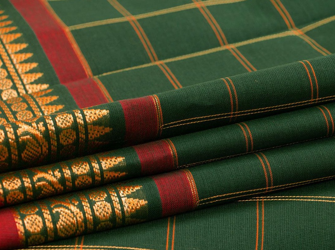 Green And Red Chettinad Cotton Saree For Casual Wear PV SK CC 106 - Cotton Saree - Panjavarnam