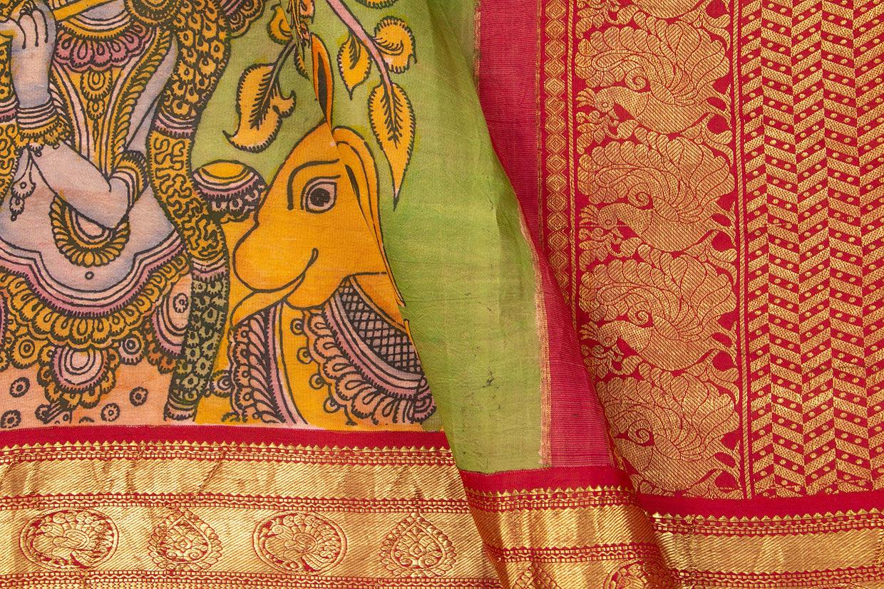 Green And Red Handpainted Kalamkari Kanchipuram Silk Saree Krishna Leela Theme Pure Zari PV VSR KK 105 - Kalamkari Silk - Panjavarnam