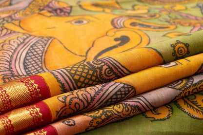 Green And Red Handpainted Kalamkari Kanchipuram Silk Saree Krishna Leela Theme Pure Zari PV VSR KK 105 - Kalamkari Silk - Panjavarnam