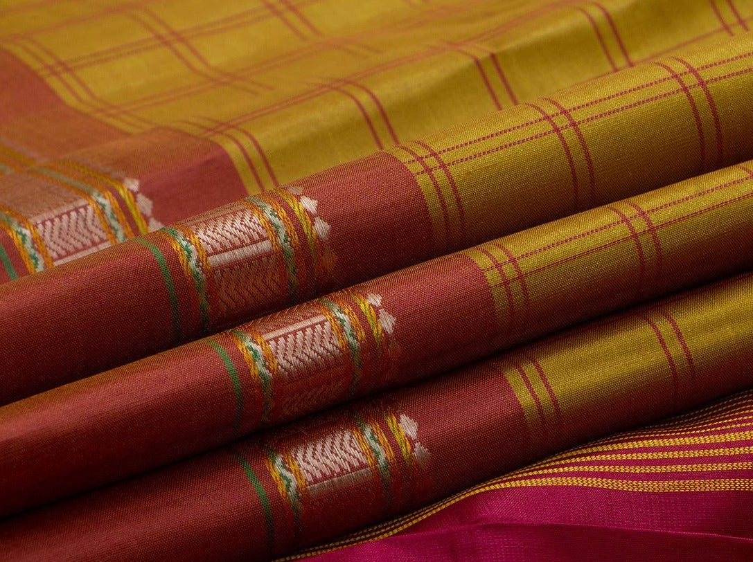 Green And Red Kanchipuram Silk Saree Handwoven Pure Silk No Zari For Office Wear PV KNN 138 - Silk Sari - Panjavarnam PV KNN 138