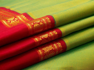 Green And Red Kanchipuram Silk Saree Handwoven Pure Silk Pure Zari For Festive Wear PV J 3155 - Silk Sari - Panjavarnam PV J 3155