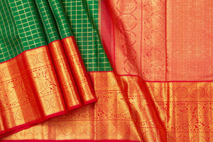 Green And Red Kanchipuram Silk Saree With Gold Zari Checks And Morning Evening Border Handwoven Pure Silk For Wedding Wear PV NYC 1051 - Silk Sari - Panjavarnam PV NYC 1051