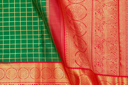 Green And Red Kanchipuram Silk Saree With Gold Zari Checks And Morning Evening Border Handwoven Pure Silk For Wedding Wear PV NYC 1051 - Silk Sari - Panjavarnam PV NYC 1051