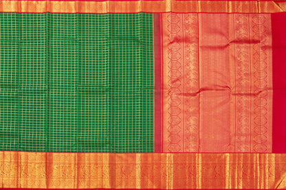 Green And Red Kanchipuram Silk Saree With Gold Zari Checks And Morning Evening Border Handwoven Pure Silk For Wedding Wear PV NYC 1051 - Silk Sari - Panjavarnam PV NYC 1051