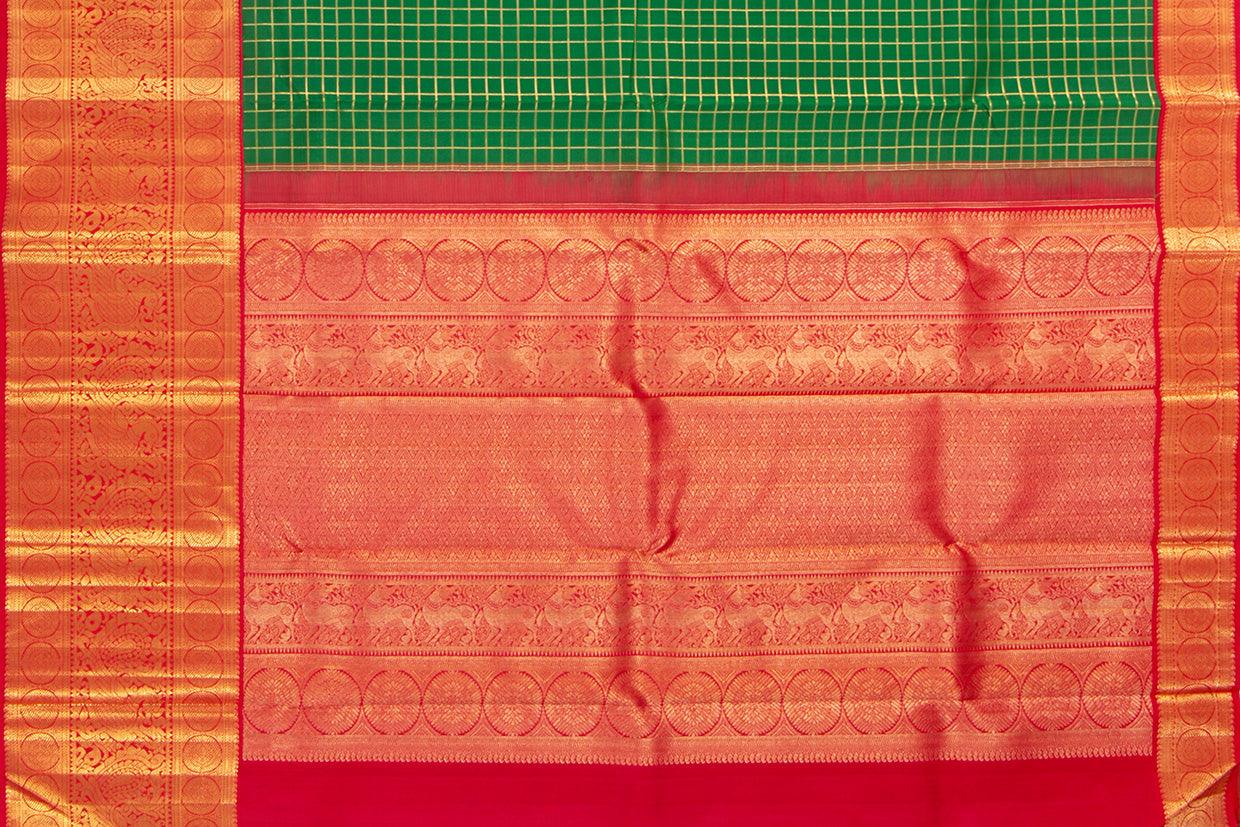 Green And Red Kanchipuram Silk Saree With Gold Zari Checks And Morning Evening Border Handwoven Pure Silk For Wedding Wear PV NYC 1051 - Silk Sari - Panjavarnam PV NYC 1051