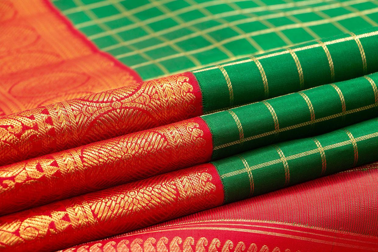 Green And Red Kanchipuram Silk Saree With Gold Zari Checks And Morning Evening Border Handwoven Pure Silk For Wedding Wear PV NYC 1051 - Silk Sari - Panjavarnam PV NYC 1051