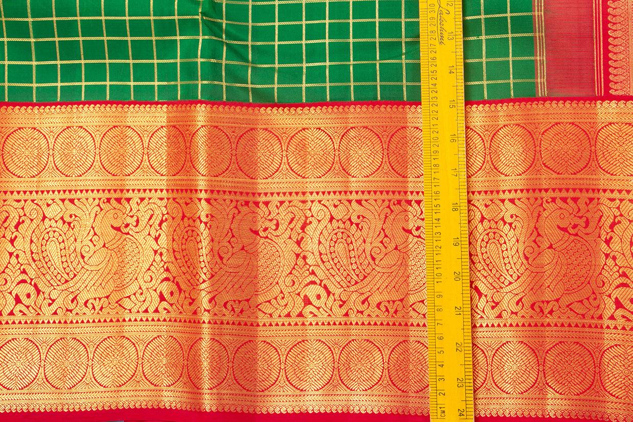 Green And Red Kanchipuram Silk Saree With Gold Zari Checks And Morning Evening Border Handwoven Pure Silk For Wedding Wear PV NYC 1051 - Silk Sari - Panjavarnam PV NYC 1051