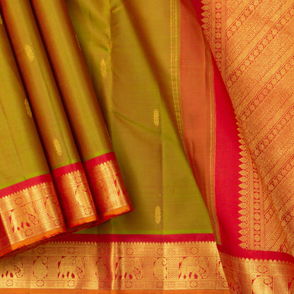 Green And Red Kanjivaram Silk Saree With Small Border Handwoven Pure Silk For Festive Wear PV J 2940 - Silk Sari - Panjavarnam PV J 2940