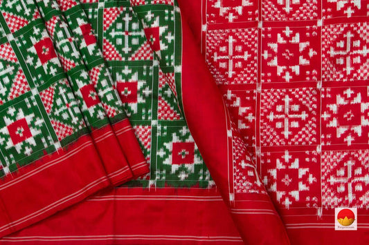Green And Red Pochampally Silk Saree Double Ikat Handwoven Pure Silk Telia Rumal For Festive Wear PIK 360 - Pochampally Silk - Panjavarnam