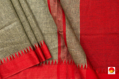 Green And Red Pure Linen Saree Handwoven PL 2016 - Linen Sari - Panjavarnam