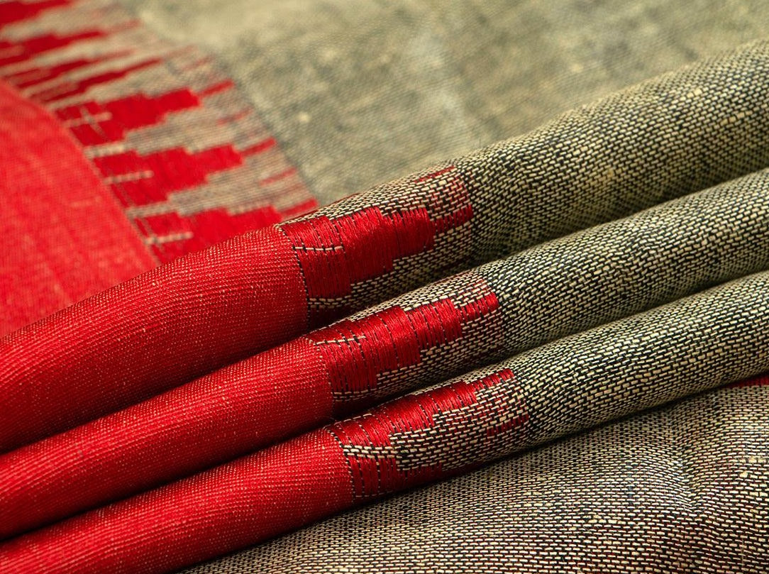Green And Red Pure Linen Saree Handwoven PL 2016 - Linen Sari - Panjavarnam