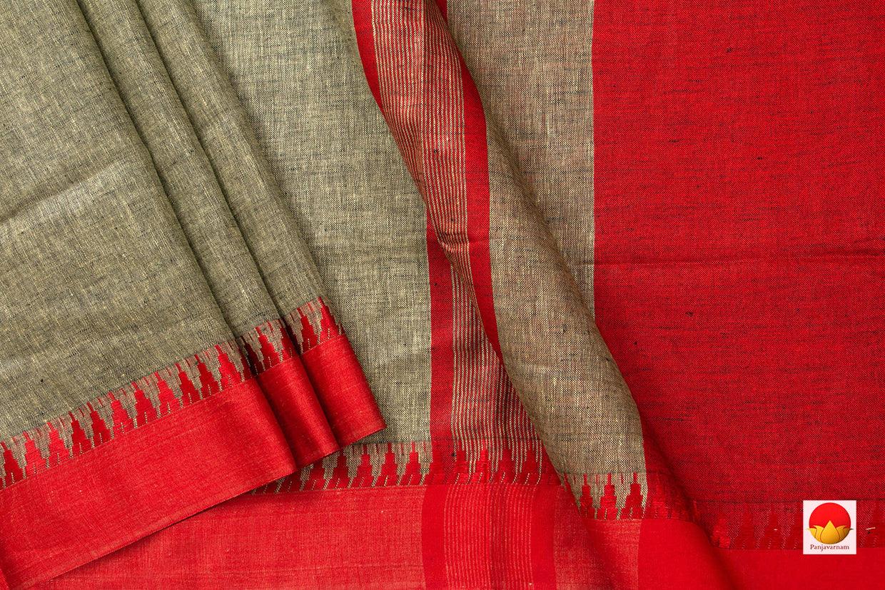 Green And Red Pure Linen Saree Handwoven PL 2016 - Linen Sari - Panjavarnam PL 2016