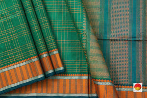 Green And Rust Orange Kanchi Silk Cotton Saree With Silk Thread Work Handwoven For Office Wear PV KSC 1211 - Silk Cotton - Panjavarnam PV KSC 1211