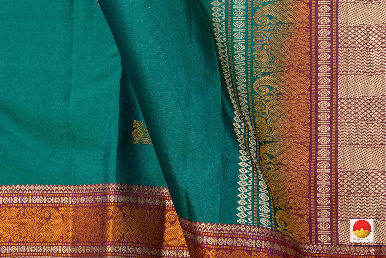 Green And Rust Orange Kanchipuram Silk Saree Handwoven Pure Silk No Zari For Festive Wear PV RSP 148 - Silk Sari - Panjavarnam