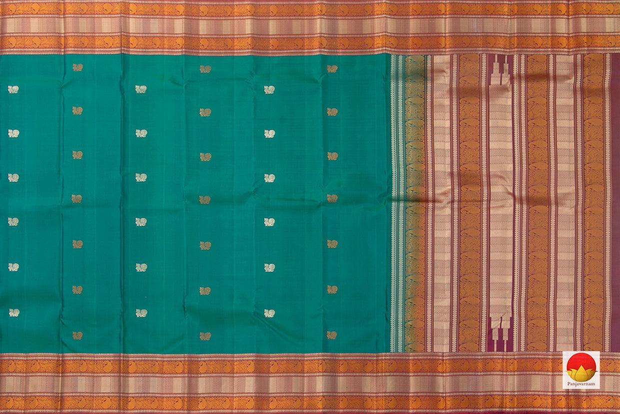 Green And Rust Orange Kanchipuram Silk Saree Handwoven Pure Silk No Zari For Festive Wear PV RSP 148 - Silk Sari - Panjavarnam