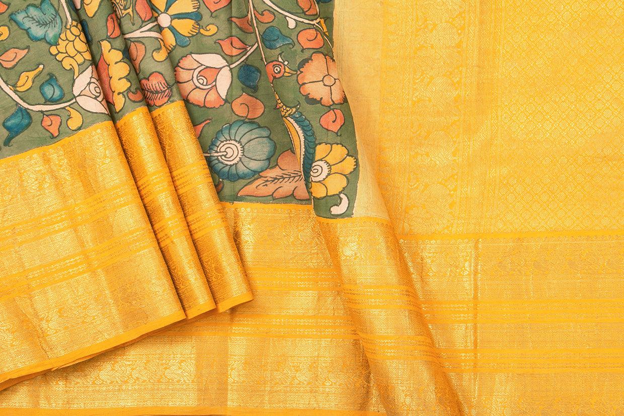 Green And Yellow Handpainted Kalamkari Kanchipuram Silk Saree Pure Zari Morning Evening Border PKK 17 - Kalamkari Silk - Panjavarnam PKK 17