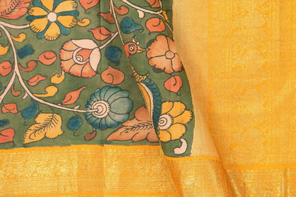 Green And Yellow Handpainted Kalamkari Kanchipuram Silk Saree Pure Zari Morning Evening Border PKK 17 - Kalamkari Silk - Panjavarnam PKK 17