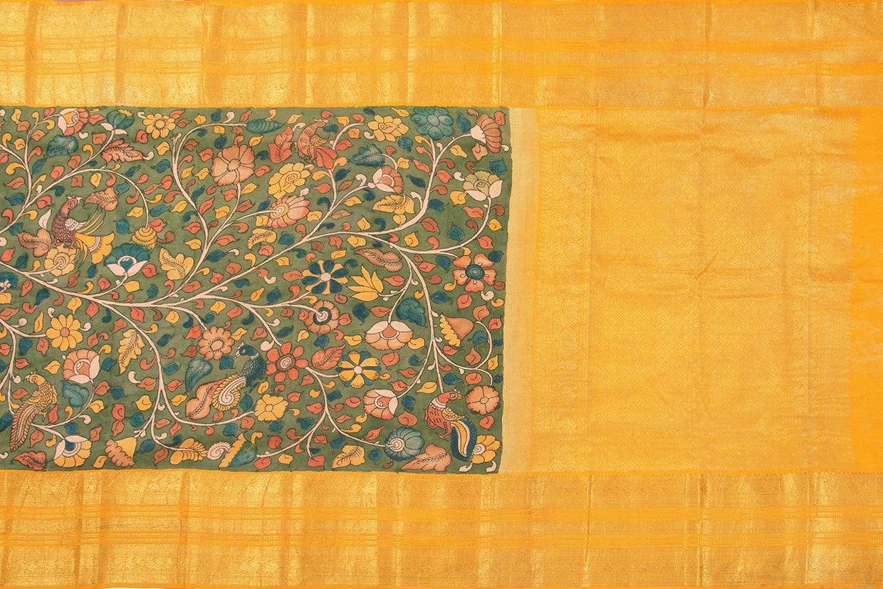 Green And Yellow Handpainted Kalamkari Kanchipuram Silk Saree Pure Zari Morning Evening Border PKK 17 - Kalamkari Silk - Panjavarnam PKK 17