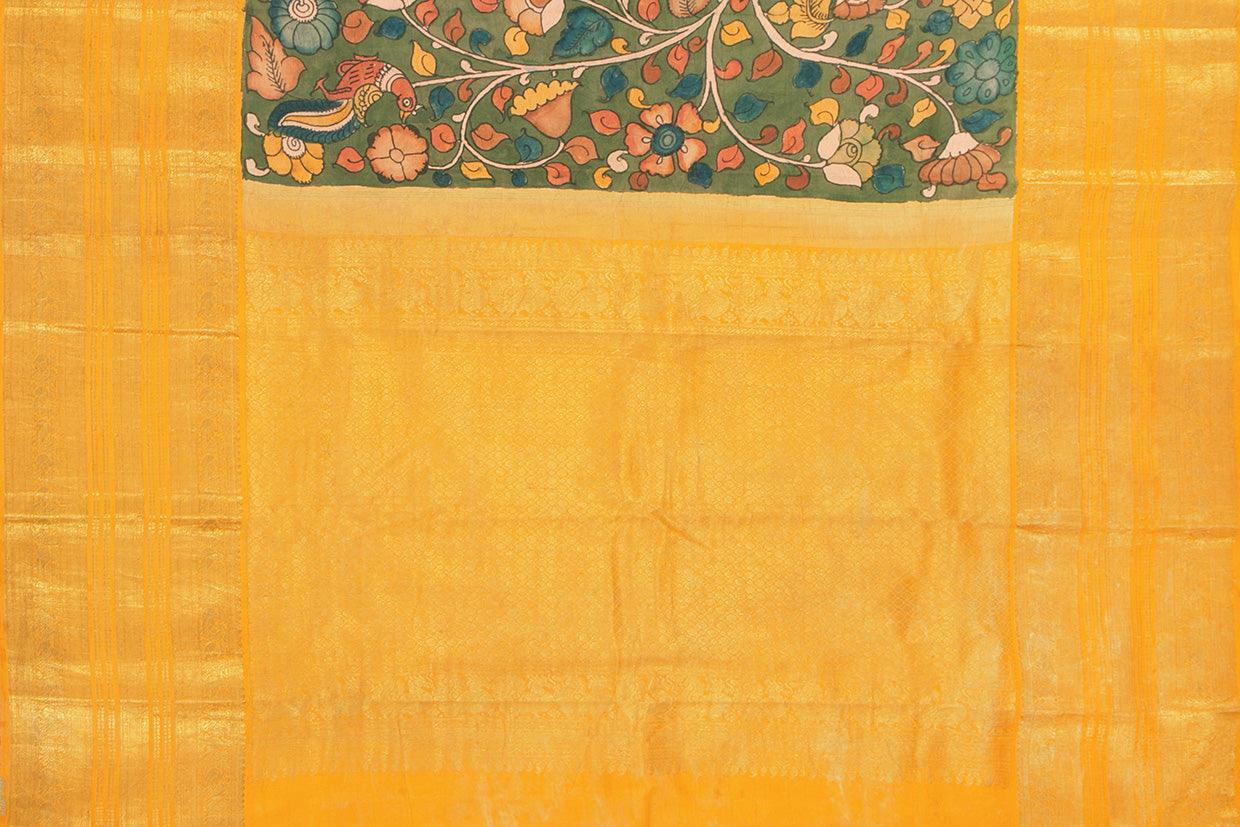 Green And Yellow Handpainted Kalamkari Kanchipuram Silk Saree Pure Zari Morning Evening Border PKK 17 - Kalamkari Silk - Panjavarnam PKK 17