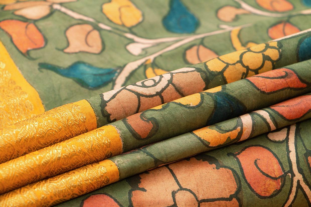 Green And Yellow Handpainted Kalamkari Kanchipuram Silk Saree Pure Zari Morning Evening Border PKK 17 - Kalamkari Silk - Panjavarnam PKK 17