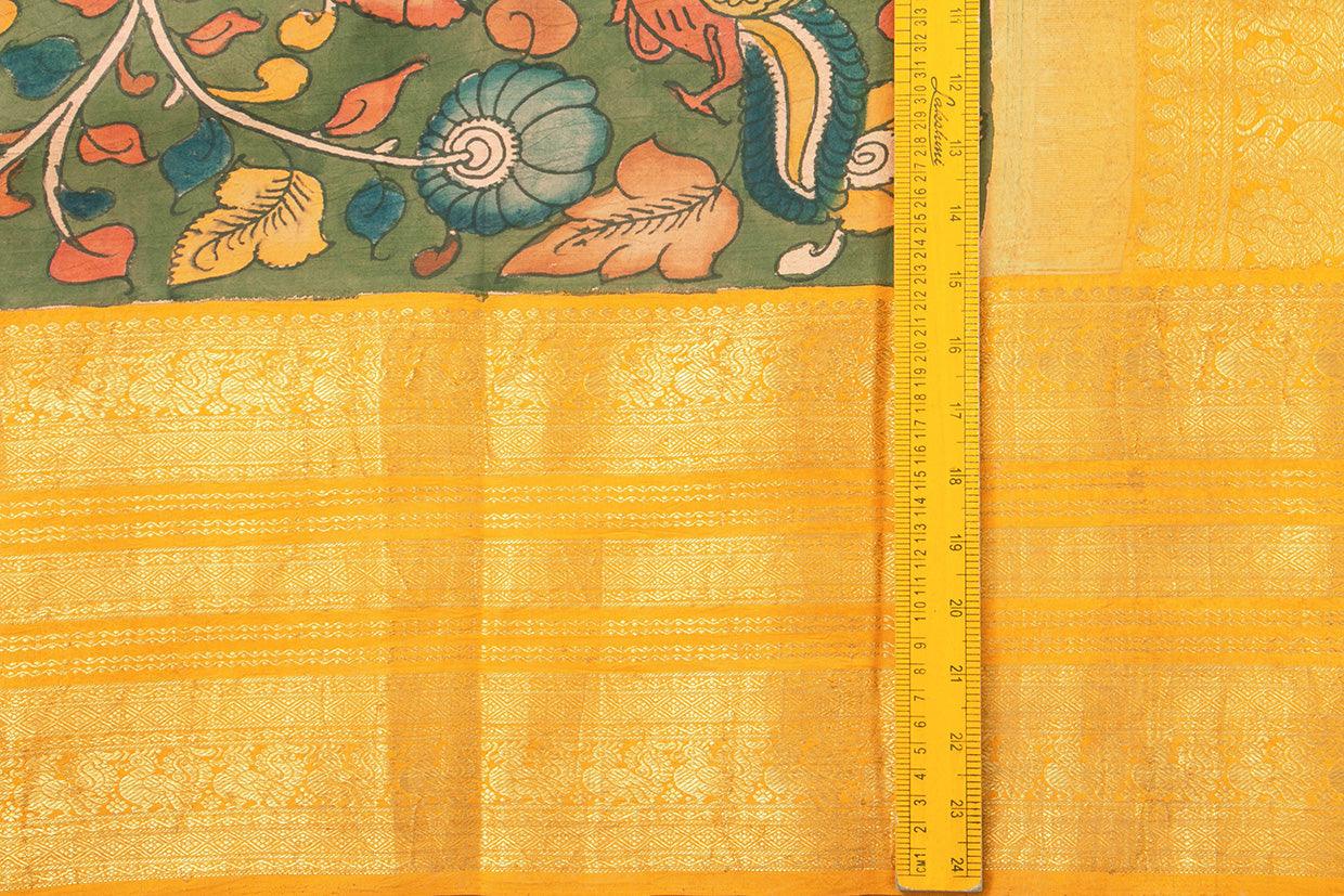 Green And Yellow Handpainted Kalamkari Kanchipuram Silk Saree Pure Zari Morning Evening Border PKK 17 - Kalamkari Silk - Panjavarnam PKK 17