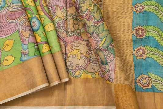 Green And Yellow Kalamkari Tussar Silk Saree Handpainted Floral And Rama Pattabishekam Patterns Organic Vegetable Dyes PT K VSR 117 - Kalamkari Silk - Panjavarnam