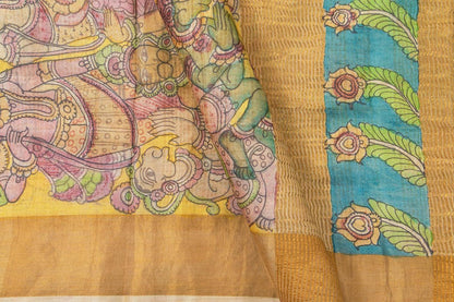 Green And Yellow Kalamkari Tussar Silk Saree Handpainted Floral And Rama Pattabishekam Patterns Organic Vegetable Dyes PT K VSR 117 - Kalamkari Silk - Panjavarnam PT K VSR 117