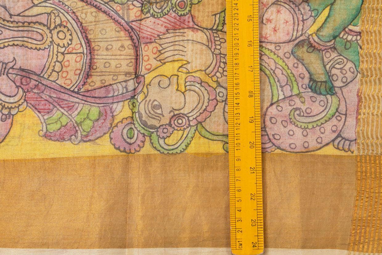 Green And Yellow Kalamkari Tussar Silk Saree Handpainted Floral And Rama Pattabishekam Patterns Organic Vegetable Dyes PT K VSR 117 - Kalamkari Silk - Panjavarnam PT K VSR 117