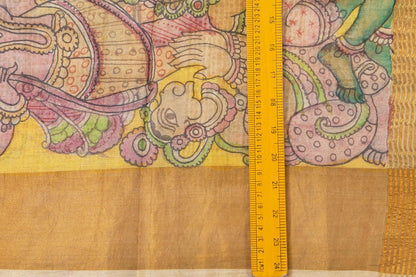 Green And Yellow Kalamkari Tussar Silk Saree Handpainted Floral And Rama Pattabishekam Patterns Organic Vegetable Dyes PT K VSR 117 - Kalamkari Silk - Panjavarnam PT K VSR 117