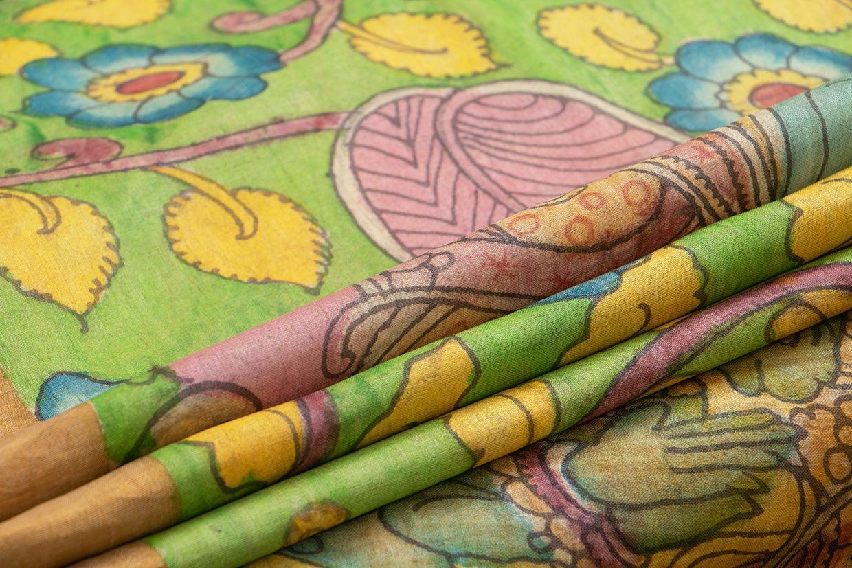 Green And Yellow Kalamkari Tussar Silk Saree Handpainted Floral And Rama Pattabishekam Patterns Organic Vegetable Dyes PT K VSR 117 - Kalamkari Silk - Panjavarnam PT K VSR 117