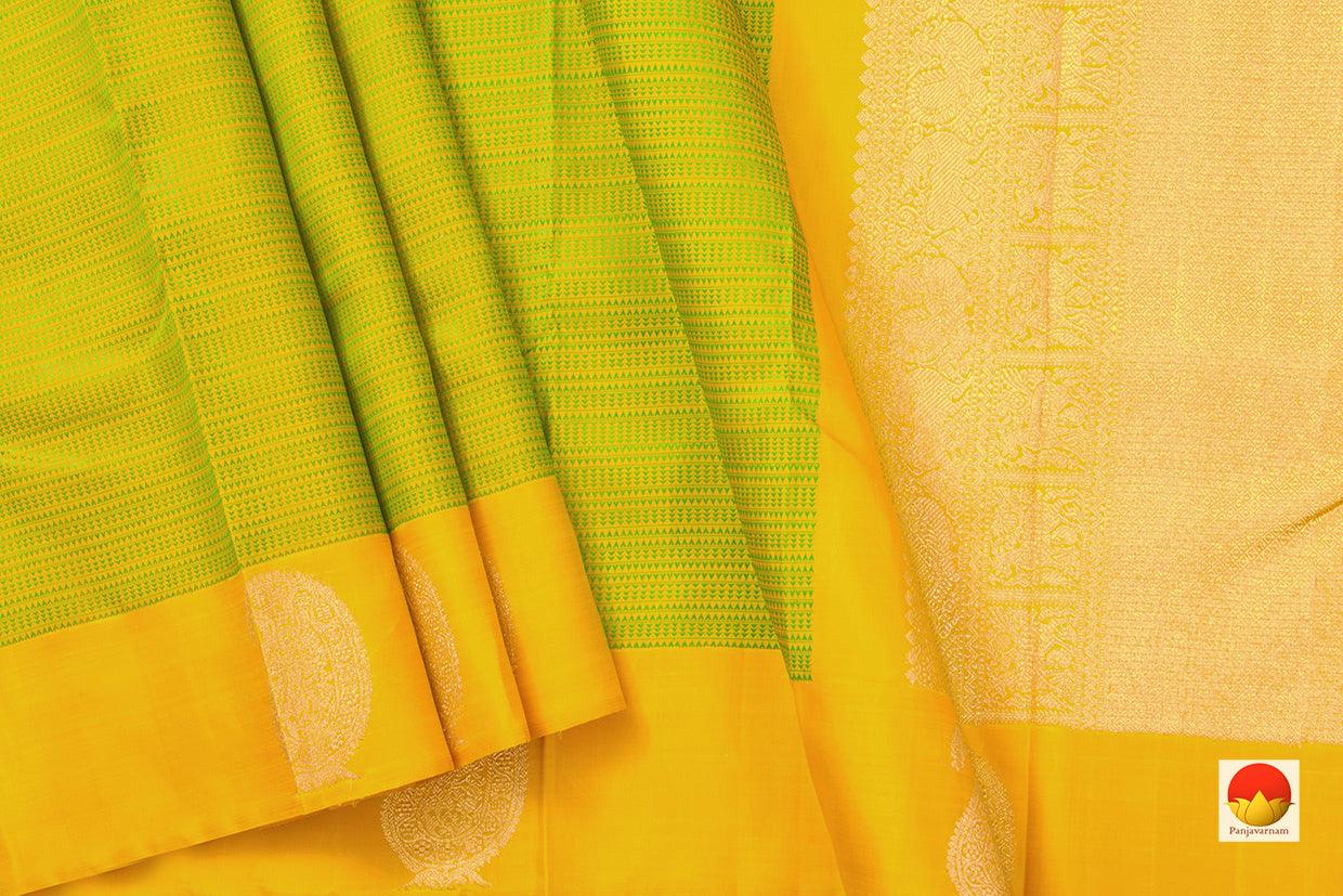 Green And Yellow Kanchipuram Silk Saree With Medium Border Handwoven Pure Silk For Party Wear PV NYC 1032 - Silk Sari - Panjavarnam PV NYC 1032