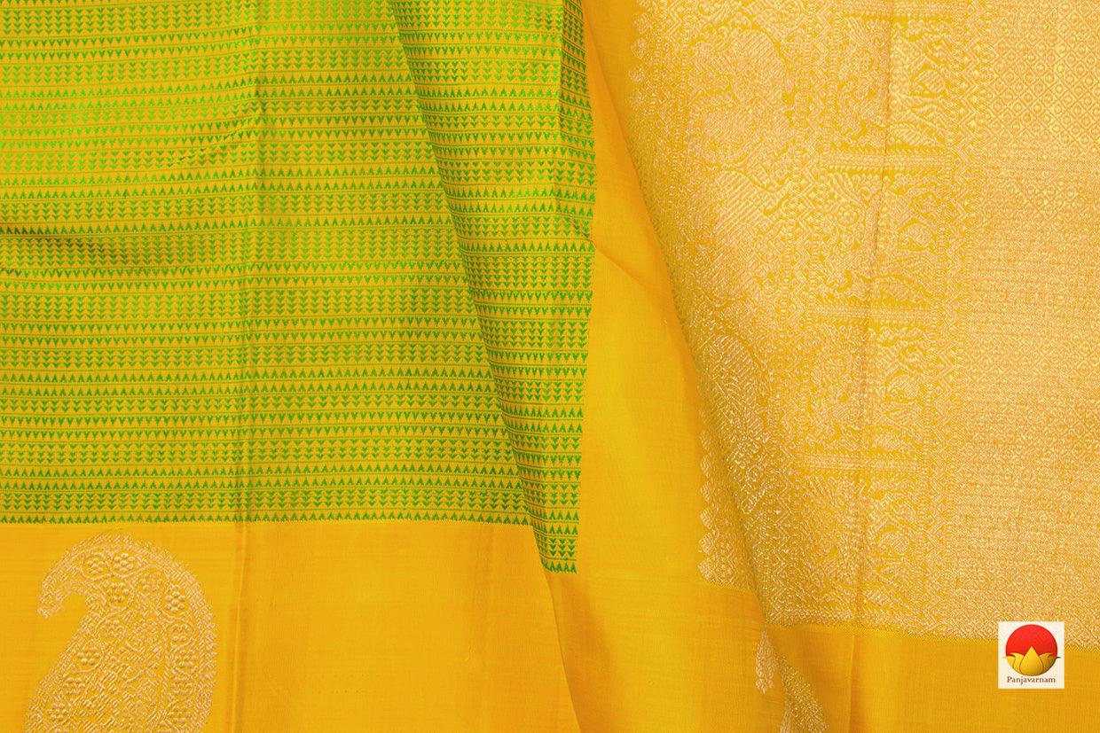 Green And Yellow Kanchipuram Silk Saree With Medium Border Handwoven Pure Silk For Party Wear PV NYC 1032 - Silk Sari - Panjavarnam PV NYC 1032