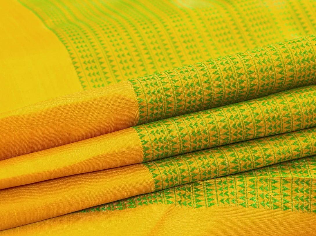 Green And Yellow Kanchipuram Silk Saree With Medium Border Handwoven Pure Silk For Party Wear PV NYC 1032 - Silk Sari - Panjavarnam PV NYC 1032