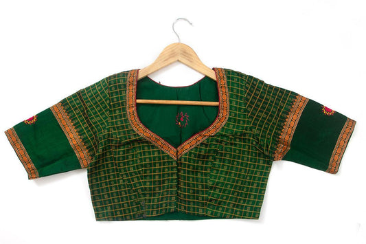 Green And Yellow Silk Cotton Readymade Blouse PV BL 140 - Blouse - Panjavarnam PV BL 140
