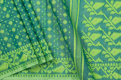 Green Dhakai Jamdani Mulmul Silk Saree Handwoven PV MJ 38 - Dhakai Jamdhani - Panjavarnam PV MJ 38