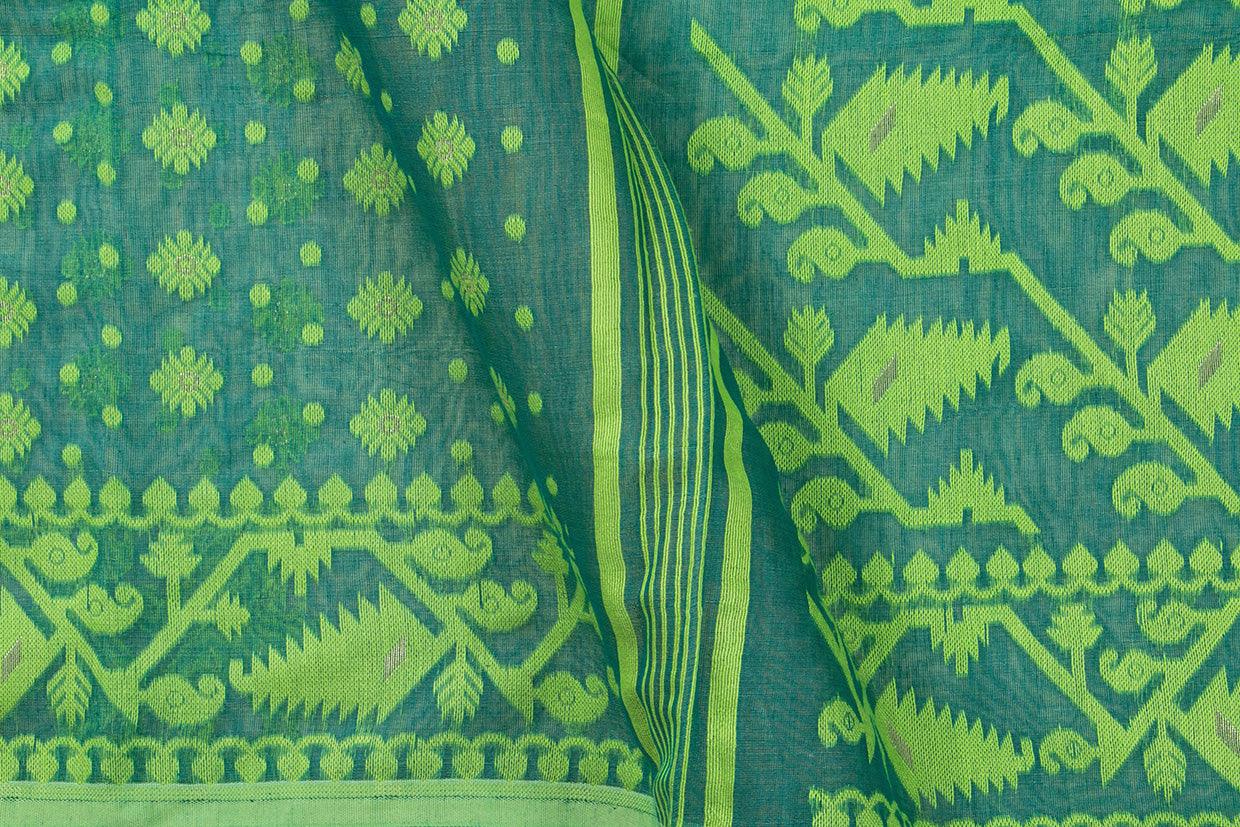 Green Dhakai Jamdani Mulmul Silk Saree Handwoven PV MJ 38 - Dhakai Jamdhani - Panjavarnam PV MJ 38