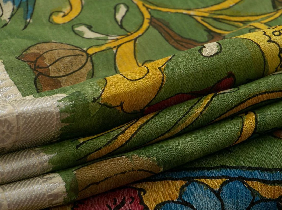 Green Handpainted Kalamkari Mangalgiri Silk Saree Organic Dyes For Office Wear PKMS 40 - Kalamkari Silk - Panjavarnam