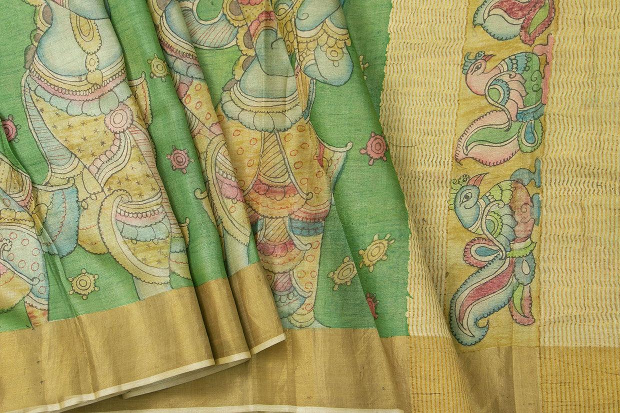 Green Kalamkari Tussar Silk Saree Handpainted Dancing Girl Patterns Organic Vegetable Dyes PT K VSR 105 - Kalamkari Silk - Panjavarnam PT K VSR 105