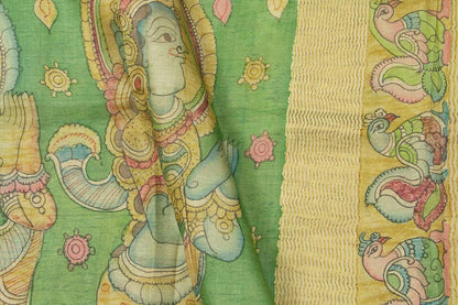 Green Kalamkari Tussar Silk Saree Handpainted Dancing Girl Patterns Organic Vegetable Dyes PT K VSR 105 - Kalamkari Silk - Panjavarnam PT K VSR 105