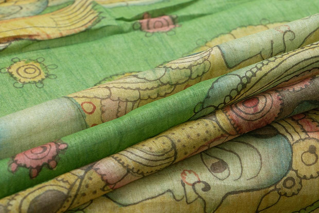 Green Kalamkari Tussar Silk Saree Handpainted Dancing Girl Patterns Organic Vegetable Dyes PT K VSR 105 - Kalamkari Silk - Panjavarnam PT K VSR 105