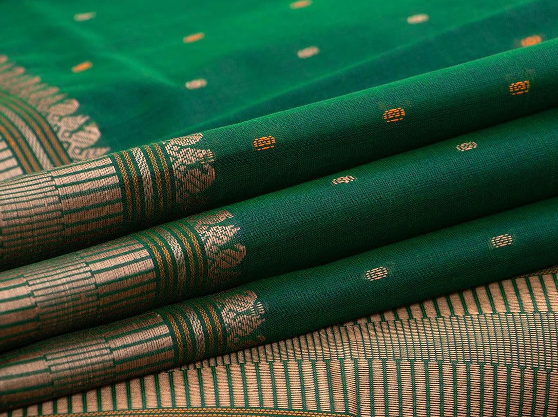 Green Kanchi Cotton Saree With Silk Thread Border For Office Wear PV KC 390 - Cotton Saree - Panjavarnam